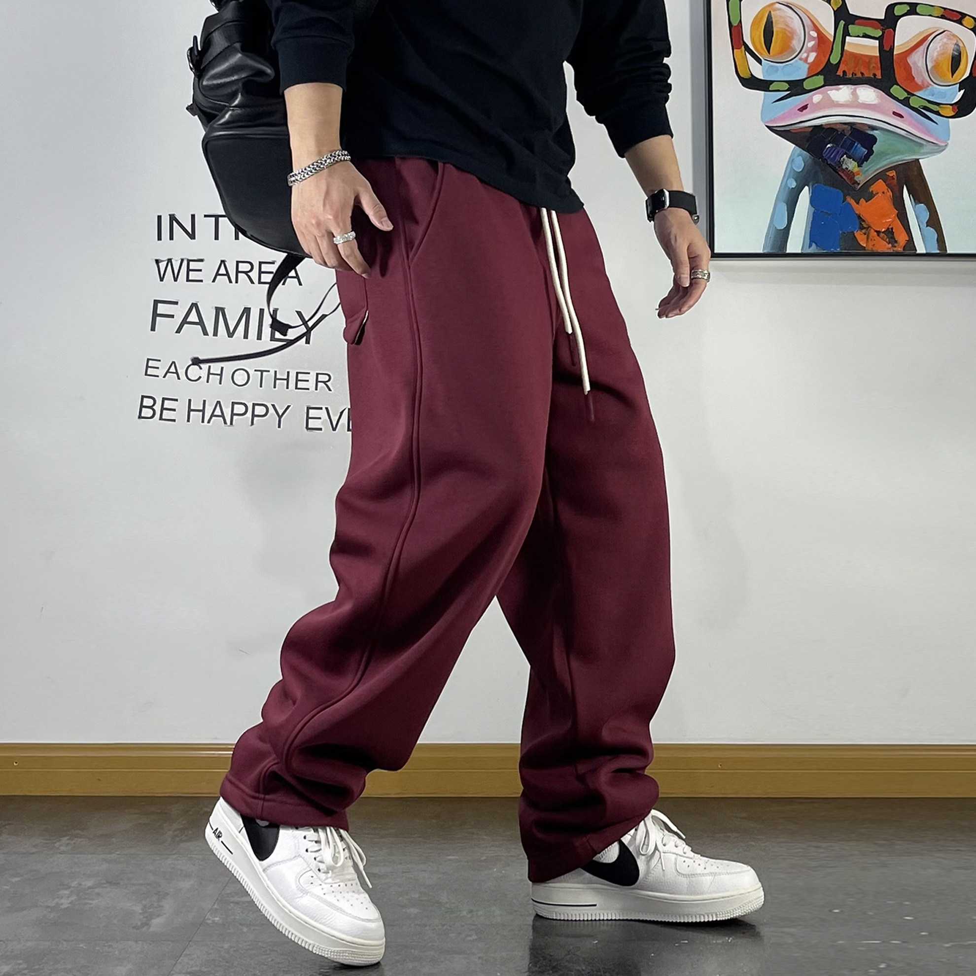 青年潮流加绒卫裤男宽松抽绳字母刺绣加厚直筒裤子秋冬季运动长裤,淘宝优惠券,粉丝福利购,淘宝优惠卷