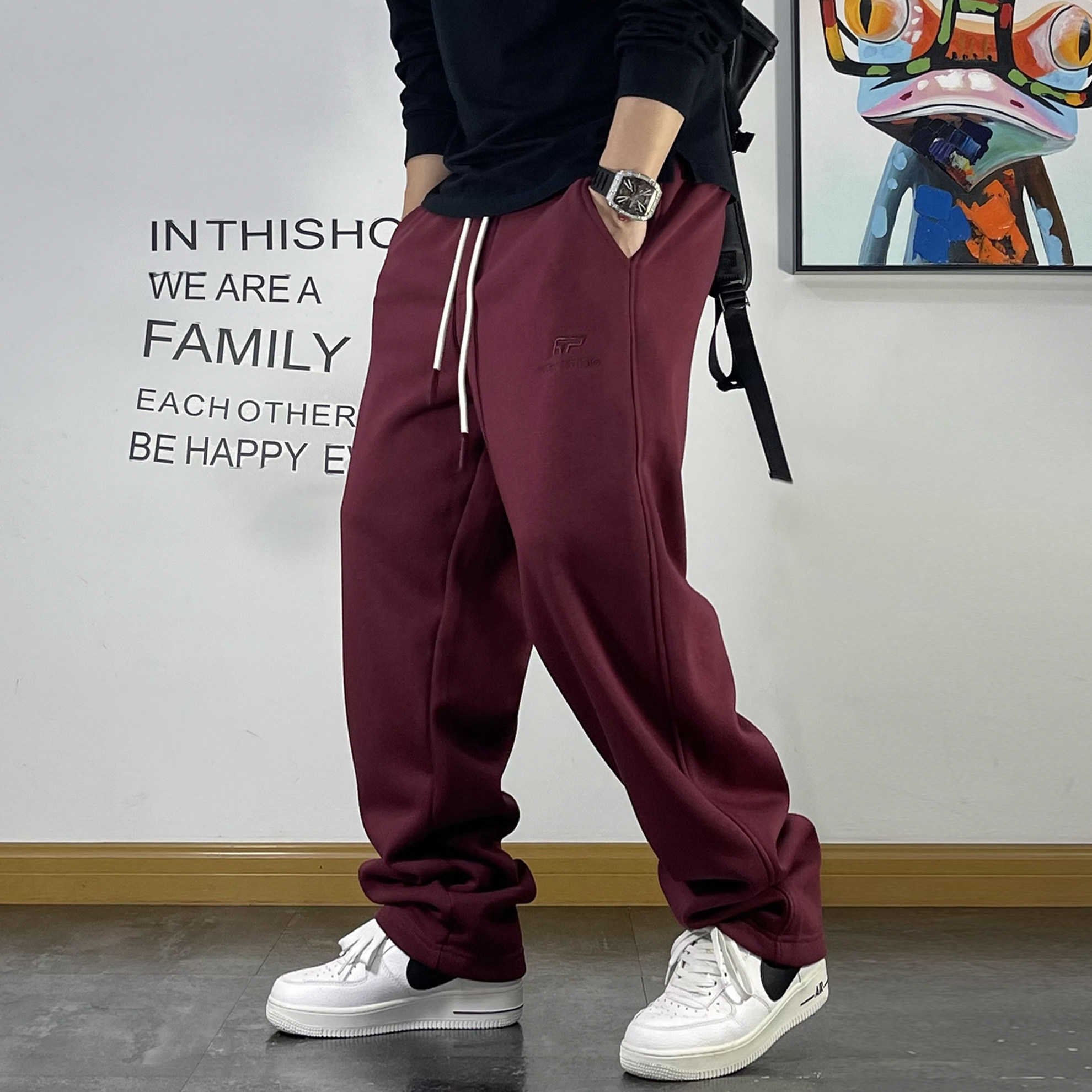 青年潮流加绒卫裤男宽松抽绳字母刺绣加厚直筒裤子秋冬季运动长裤,淘宝优惠券,粉丝福利购,淘宝优惠卷