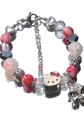 新款少女心粉色串珠KT猫手链时尚多巴胺猫咪铃铛手环可通卡通手串
