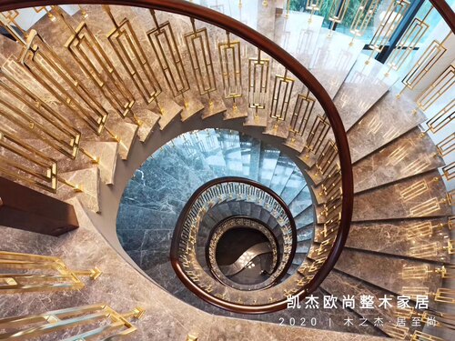 奢华大别墅铜铝艺弧形欧式玻璃楼梯护栏扶手家用石材踏步搭配新款 - 图0