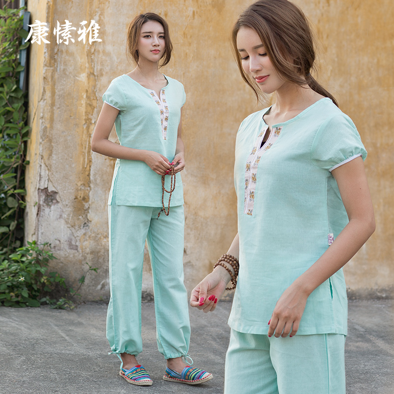 康愫雅短袖棉麻禅修服套装女2024夏季新款V领修身中国风茶服套装 - 图3