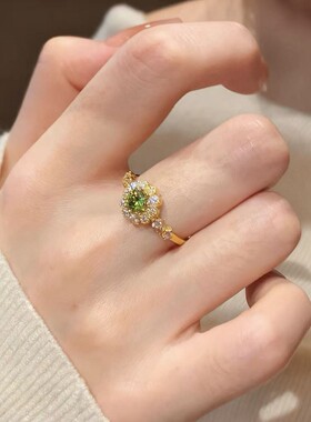 柘城钻石钻石之乡复古法式橄榄绿色可调节戒指女轻奢小众气质手饰