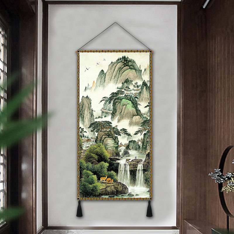 新中式竖版挂画玄关过道壁画装饰画客厅壁毯走廊大气山水画挂毯_虎窝淘