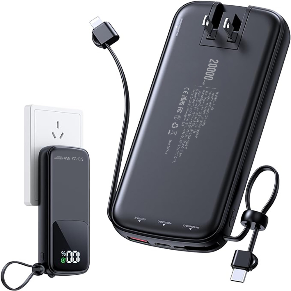 Xionel 20000mAh Power Bank Type C PD 22.5W自带插头充电宝快充-图3