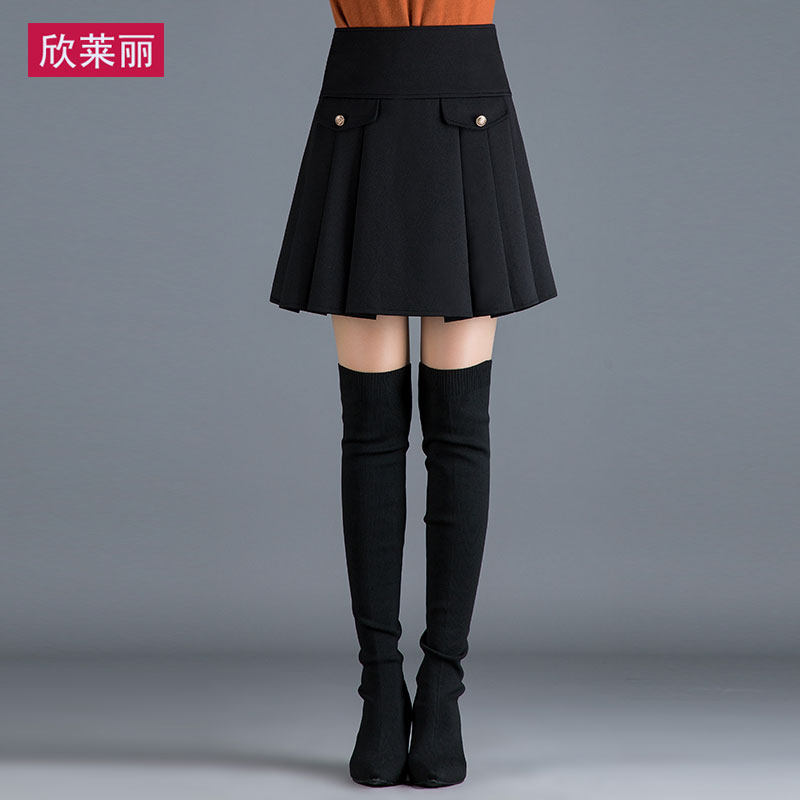高腰2020年新款秋冬黑色a字百褶裙 欣莱丽半身裙