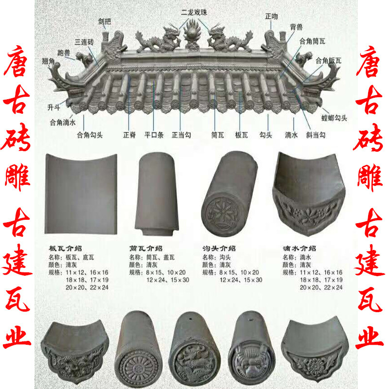 唐古新品仿古古建青瓦复古筒子房屋檐黏土青砖翘脚滴水勾头跑兽_虎窝淘
