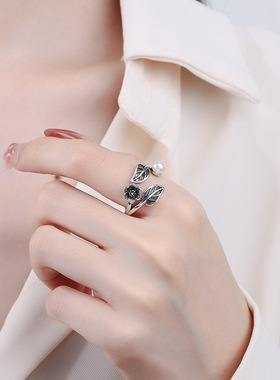 日韩复古仿珍珠桃花树叶花朵藏银戒指女士个性开口可调节指环礼物