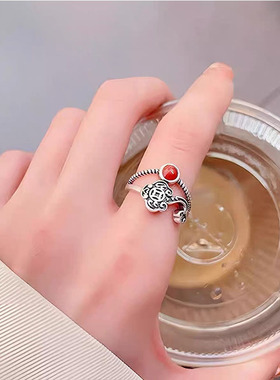 国潮复古如意钱币藏银戒指女士简约滴胶工艺开口饰品情侣指环礼物