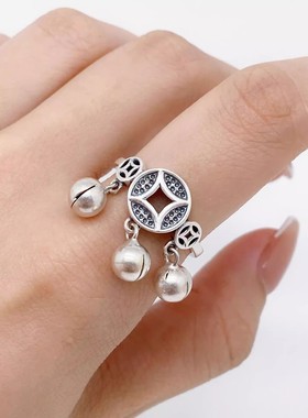 复古铜钱小铃铛藏银戒指