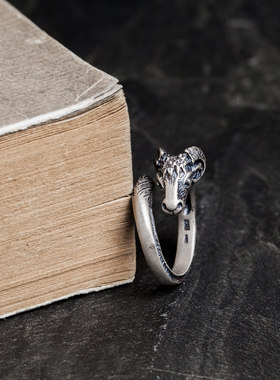 复古山羊头藏银戒指男女