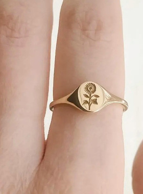 日韩复古简约花卉印章藏银戒指女士向日葵图案小清新尾戒指环礼物