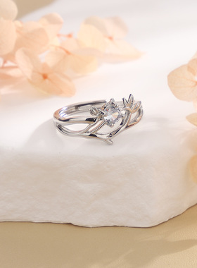 日韩复古树枝水钻藏银戒指女士个性文艺森系气质开口枝条素银指环