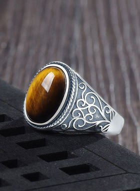 复古虎睛石泰银戒指男士