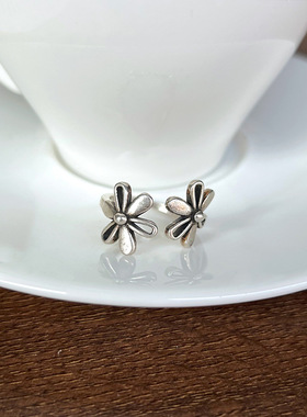 日韩复古双生花藏银戒指女士小众不对称开口饰品素银指环闺蜜礼物