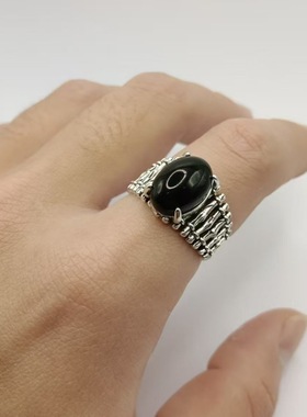 欧美复古栅栏椭圆黑玛瑙藏银戒指女士个性开口可调节情侣指环礼物