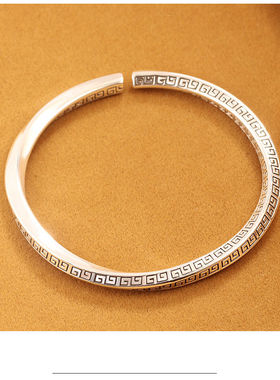 国潮复古回纹藏银手镯女士实心开口饰品实心手环镯子妈妈女友礼物