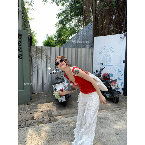 THREE GOOOD殷三吉小众设计蕾丝拼接白色低腰裤直筒休闲长裤女 - 图2