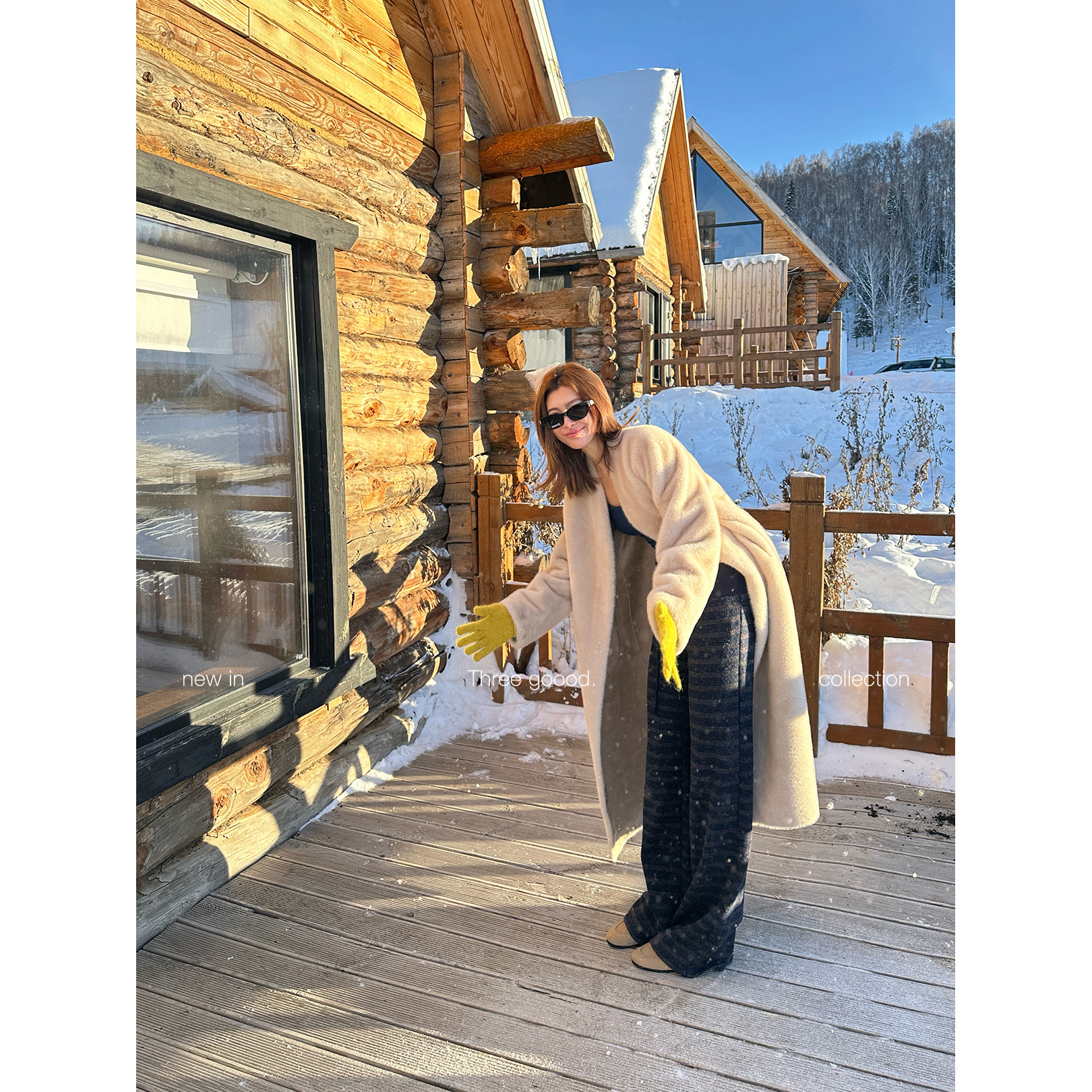 THREE GOOOD殷三吉 雪境奢调 高级感V领中长款环保毛仿皮草外套 - 图2