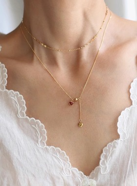 法式可抽拉酒红小爱心流苏可调节项链女锁骨链时尚气质高级感钛钢