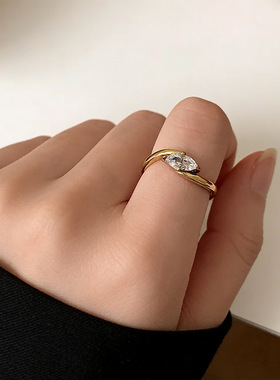 中古vintage马眼锆石波浪素圈戒指女小众设计时尚钛钢指环百搭