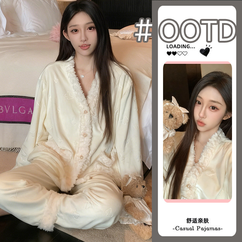 2026冬季新款韩版纯色高级感压花睡衣女生秋冬德绒薄款开衫家居服,淘宝优惠券,粉丝福利购,淘宝优惠卷