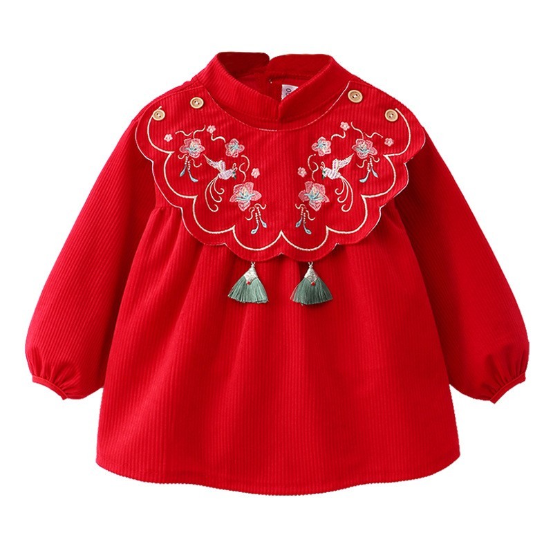 New Year's red Chinese-style baby girl's smock, children's autumn and winter outer wear, Chinese style baby bib, reverse dressing, waterproof and dirt-proof when eating