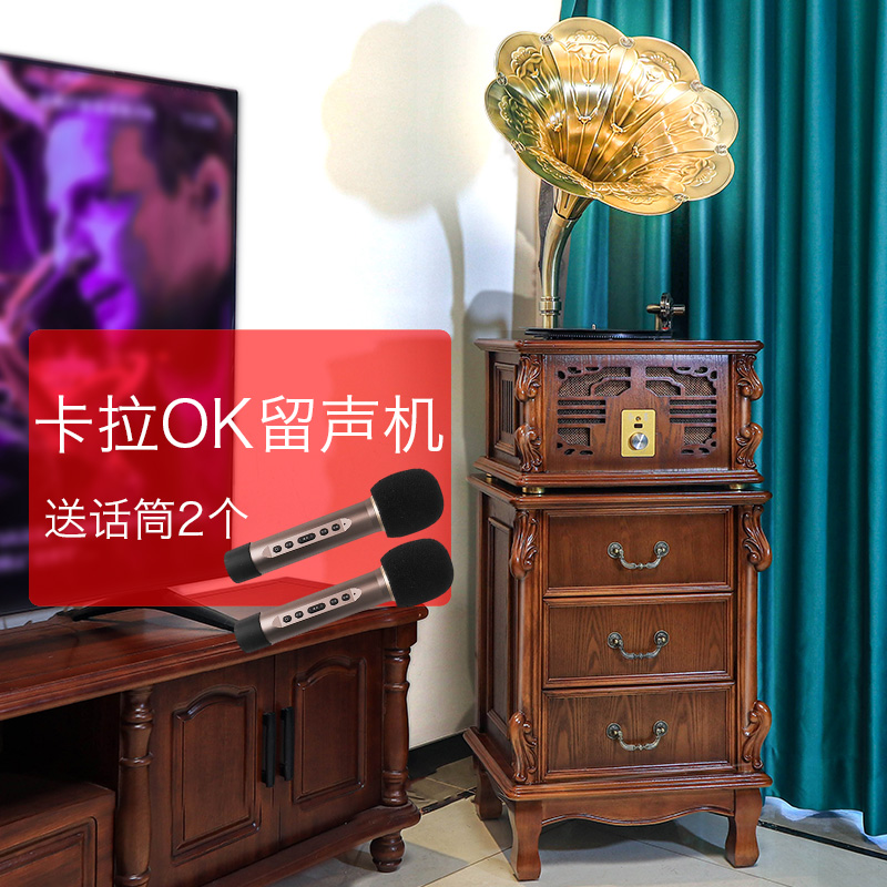 今墨卡拉OK K歌黑胶唱片机客厅欧式实木铜喇叭双低音炮音响B08 - 图0