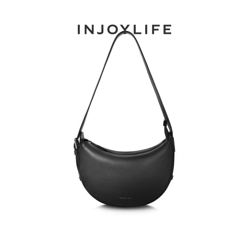 INJOYLIFE真皮taco马鞍包黑高级感静奢新款半圆包通勤香蕉船女包