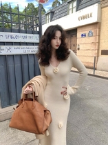 Wine Afternoon Homemade Law Style Vintage 2023 Autumn Winter New Solid Flowers Design V Collar Long knitted one-piece dress