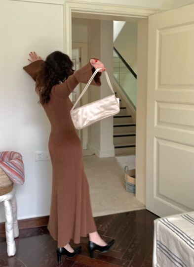 Homemade French style round neck knitted dress