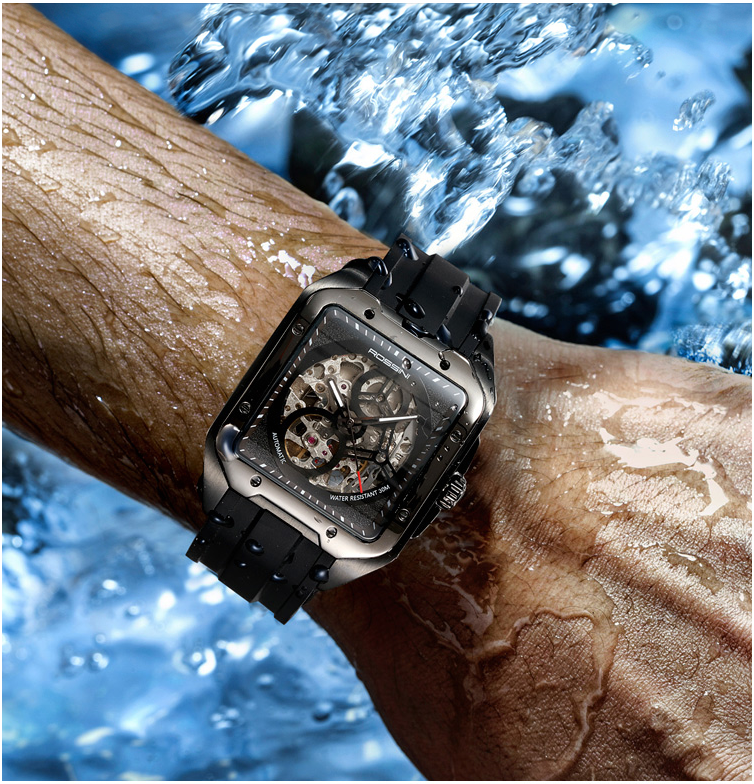 新款罗西尼手表休闲运动全镂空机械机芯男表防水男士钢带腕表1433-图2