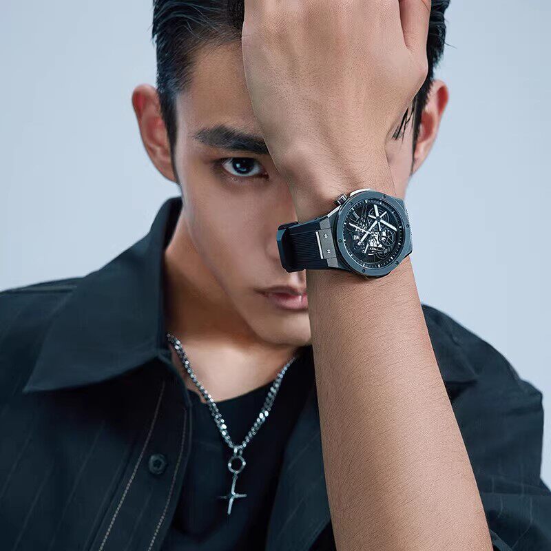 Rarone雷诺双子星手表潮酷男士全自动机械表镂空硅胶表带男生腕表