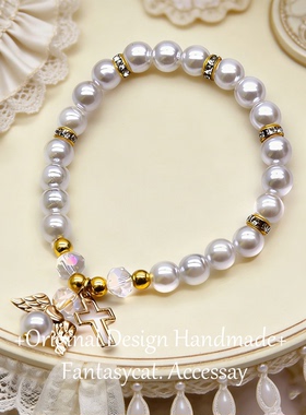 蔷薇猫古典洛丽塔十字天使仿珍珠手链lolita珠串配饰小物