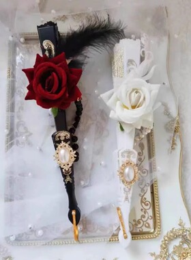 Lolita羽毛玫瑰折扇暗黑哥特风