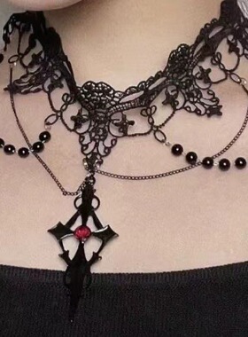 暗黑lolita洛丽塔哥特多层十字蕾丝项圈亚文化万圣节choker项链
