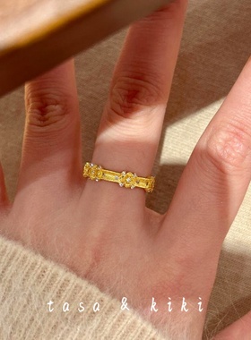 拉丝四叶花点钻戒指小众复古轻奢