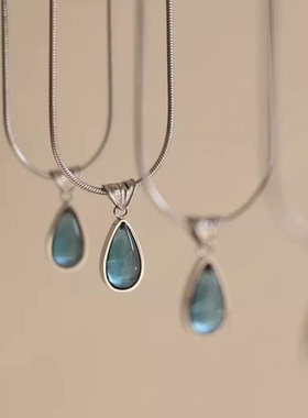 法式复古蓝色女水滴项链女轻奢