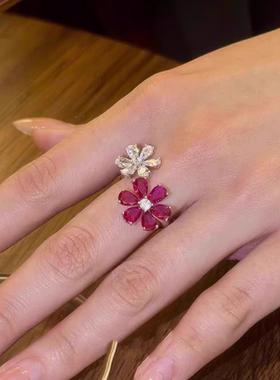 爆闪玫红色花朵戒指女轻奢小众