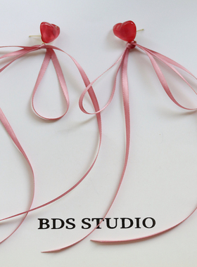 BDS STUDIO原创超仙气质甜美爱心丝带耳环超长芭蕾风蝴蝶结耳夹