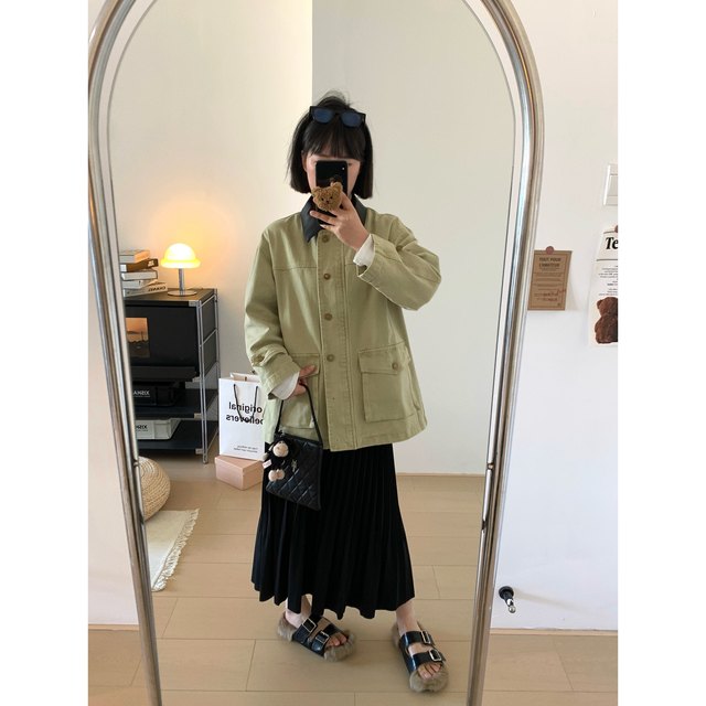 Pu leather lapel splicing wash cotton khaki windbreaker jacket