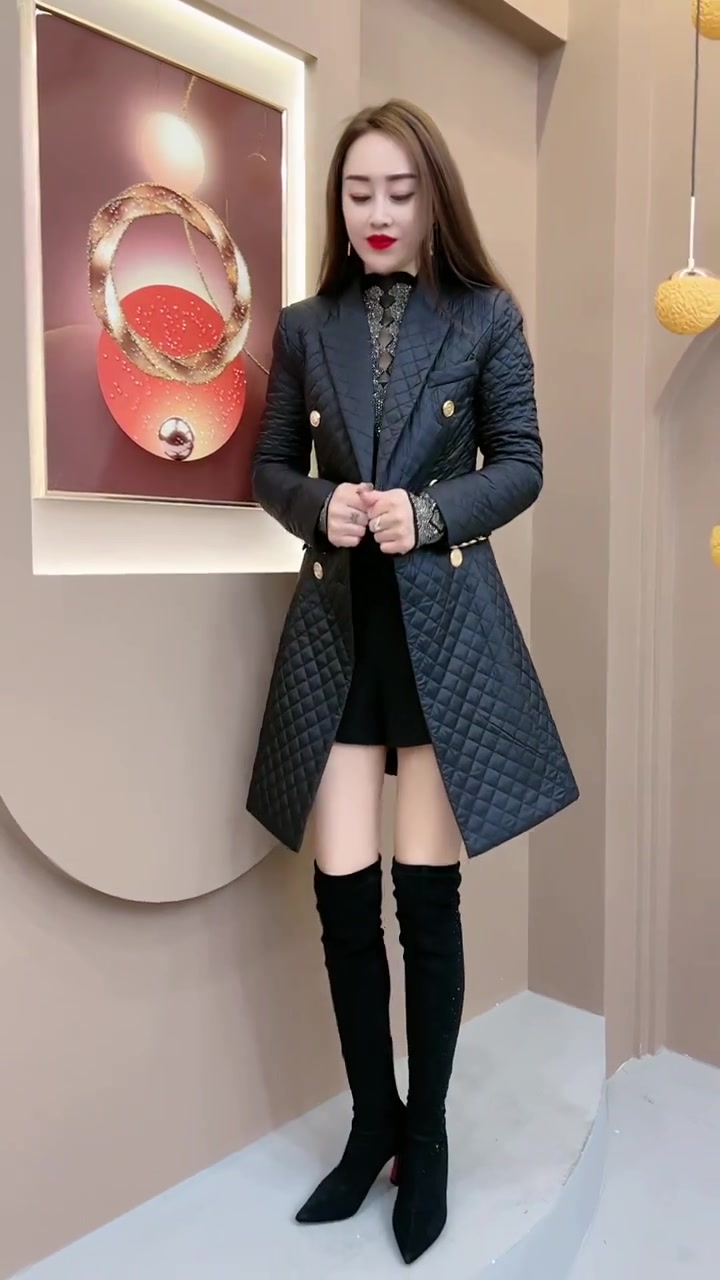 网红爆款时尚棉服女2022年冬季新款韩版显瘦中长款长袖西装领风衣 - 图0