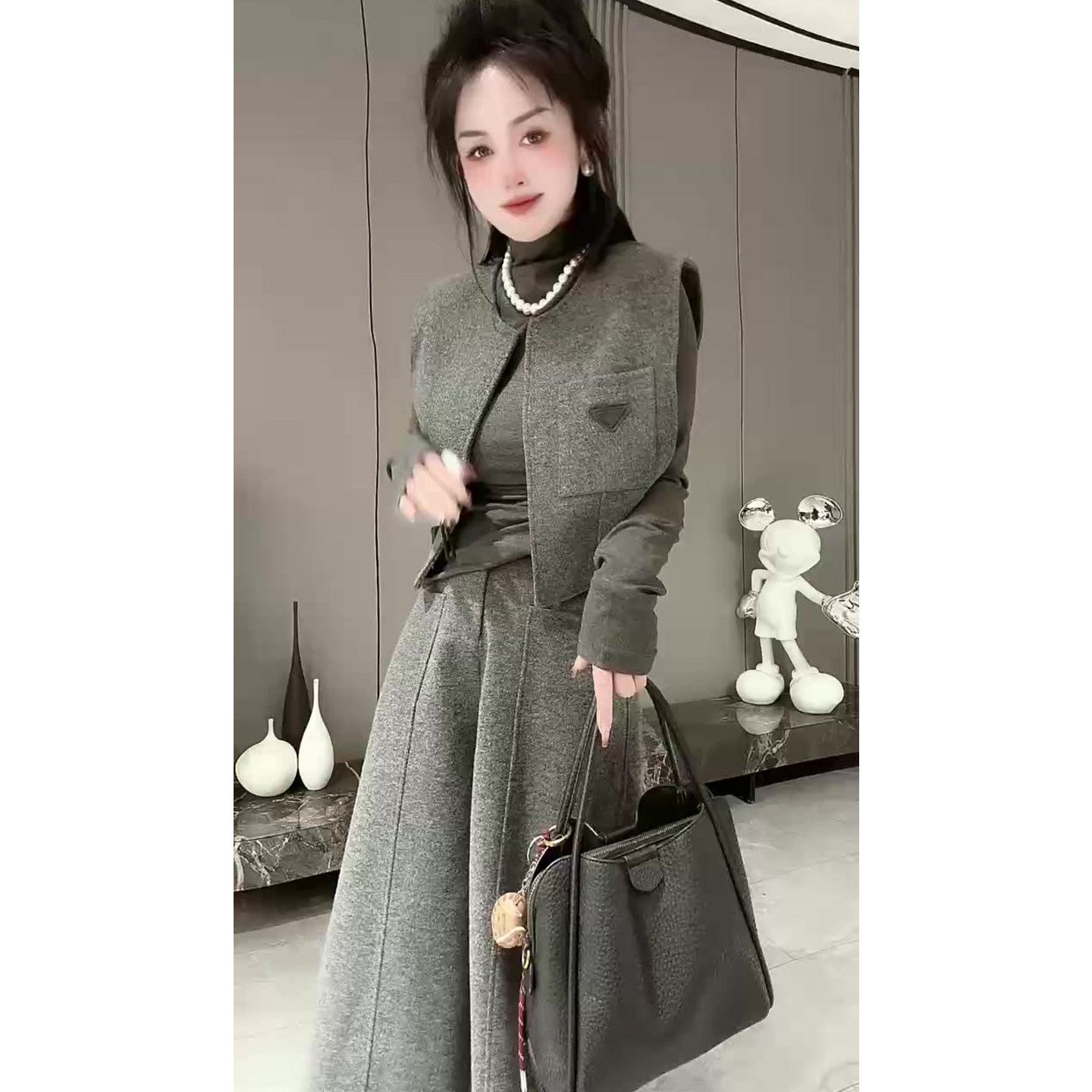 高级感毛呢套装女2026春季新款网红同款马甲+高领打底衫+阔腿裤潮,淘宝优惠券,粉丝福利购,淘宝优惠卷