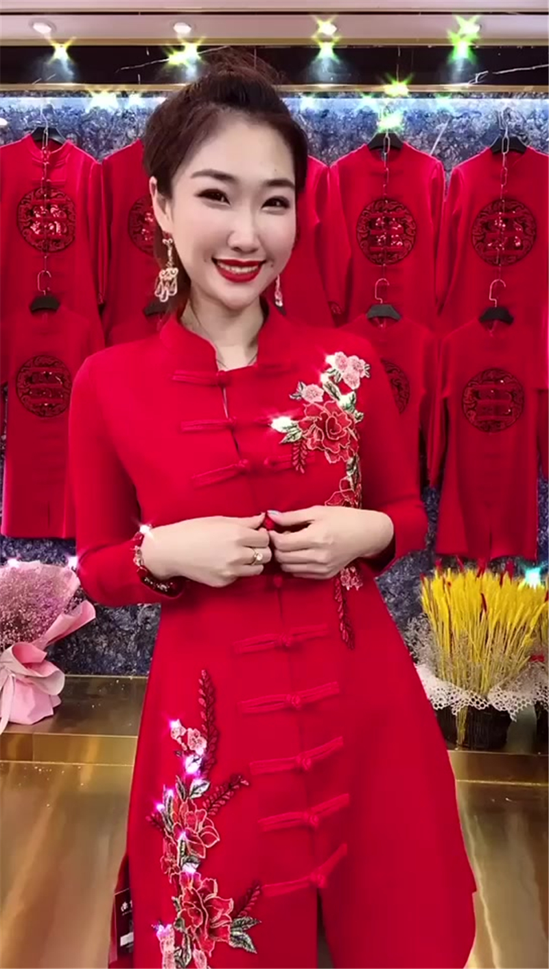 网红同款唐装女中长款韩版修身中式上衣外套开衫中国风连衣裙旗袍 - 图0