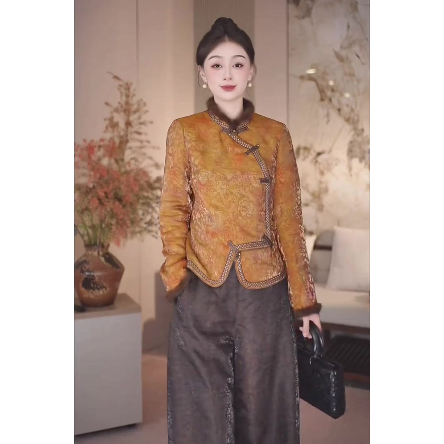 新中式国风套装女2025冬季新款毛毛拼接外套+高腰阔腿裤两件套装,淘宝优惠券,粉丝福利购,淘宝优惠卷