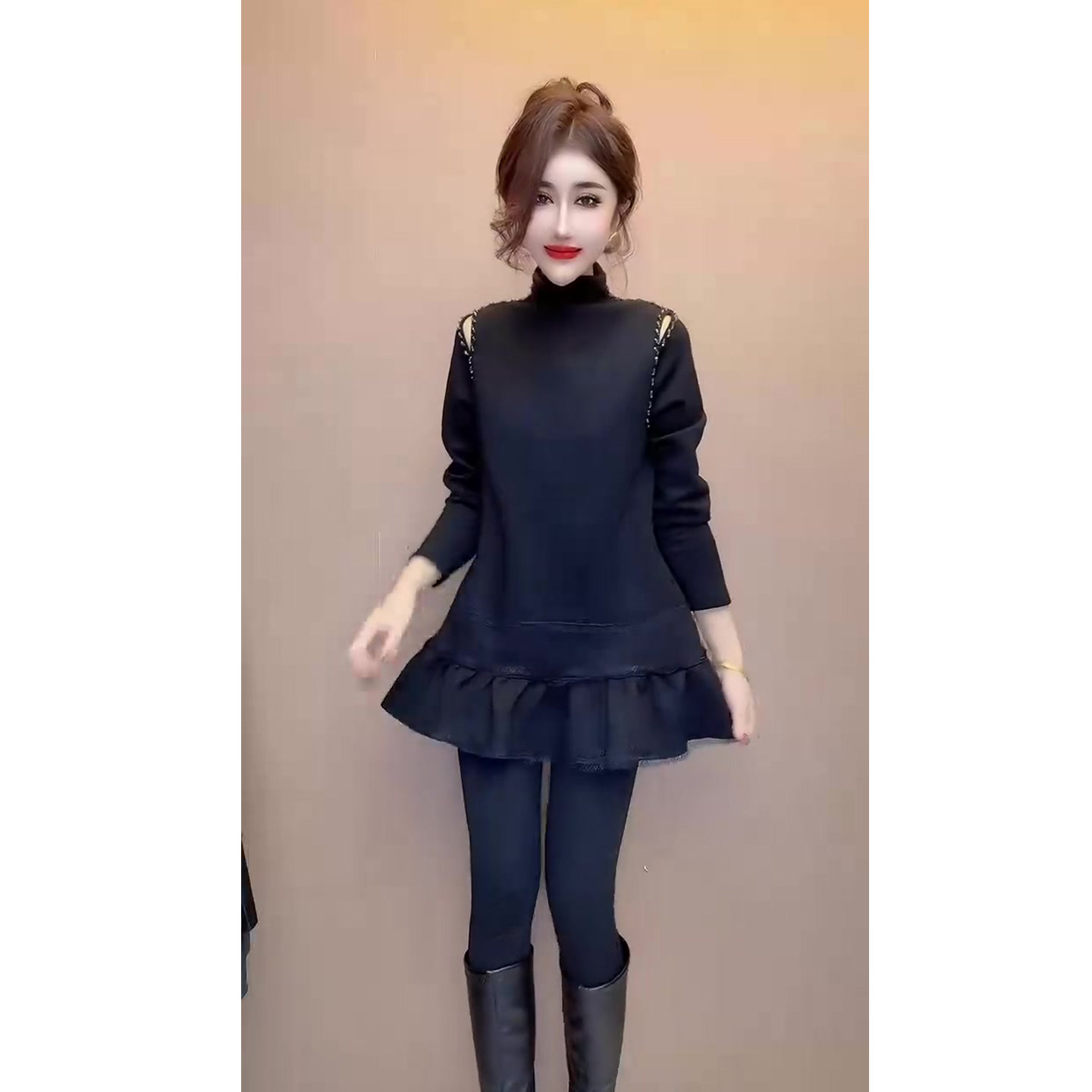 高领镂空设计连衣裙女2025冬季新款宽松遮肉显瘦女裙网红款中长裙,淘宝优惠券,粉丝福利购,淘宝优惠卷