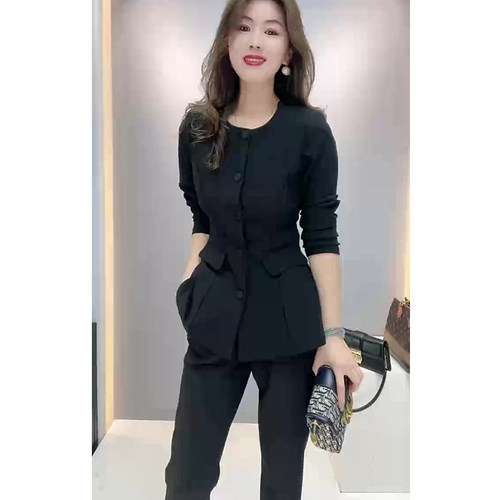 气质高街时尚两件套女春季夏季收腰显瘦上衣百搭休闲裤黑色套装潮 - 图3