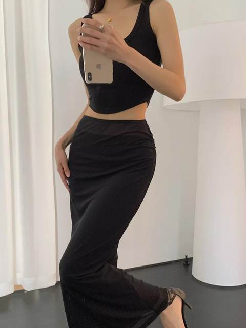 Black double layer mesh patchwork skirt