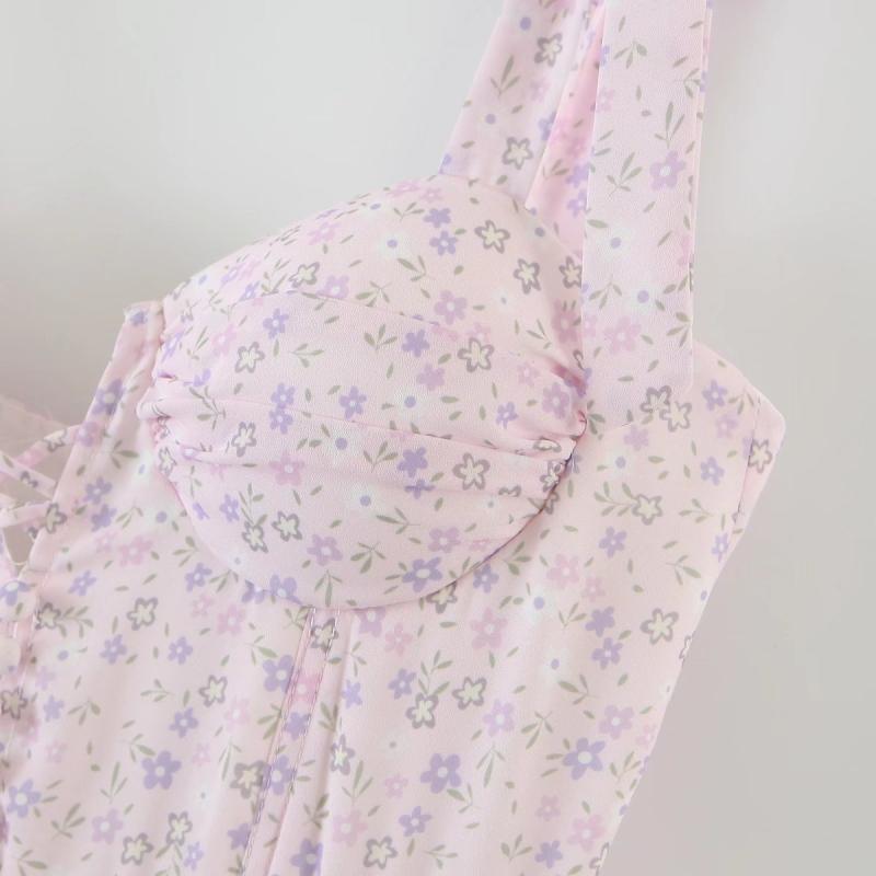 欧美女装公主系粉色碎花叠层饰吊带裙修身小个子女生连衣裙夏-图2