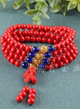 仿红珊瑚4圈手链 红玛瑙女式手链 6m108佛珠 琥珀金 仿白贝