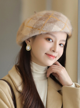 贝雷帽女秋冬兔毛羊毛户外保暖帽